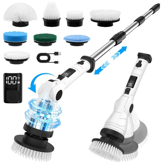 Electric Spin Scrubber, Adjustable Angle & Extension Handle, 3 Speed Mode Power Electric Scrubber for Cleaning, Cordless Shower Cleaning Brush with 8 Brush Heads for Bathroom/Tub/Floor/Tile
