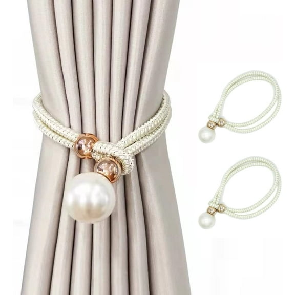 Tie Backs for Curtains, 2pcs Curtain Holdbacks Adjustable with Pearls Curtain Holdbacks, European Style Beaded Curtain Tiebacks for Curtain Pull Backs, White, (Y001)