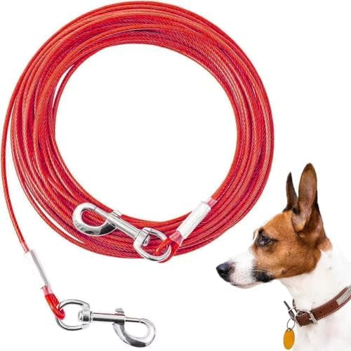 Tie Out Cable for Dogs,10/20/30/50/100FT Dog Leads for Yard Chew Proof,Heavy Duty Tie Out Cable for Large Dogs Up to 125lbs,Dog Runner Tether (Red, 125Ibs 50ft)