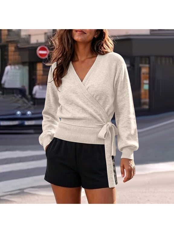Tie Cardigan for Women Fall V Neck Long Sleeve Knit Wrap Tops Tie Front, Wrap Tops for Women, Dressy Tops for Women, Cardigan Sweaters for Women Lightweight Khaki M Byhontri
