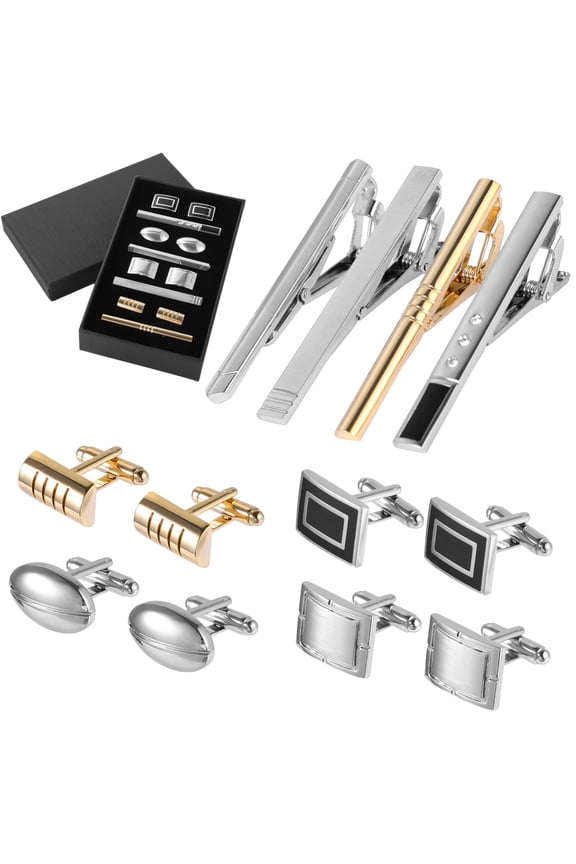 Tie Clips Cufflinks Set for Men, 4 Tie Clips & 4 Pairs Cufflinks, Silver and Golden Finish, Modern Styles, Robust Glossy Metal, Black Present Box Set for Father's Day, Valentine's, Birthday