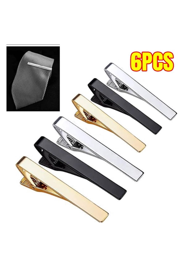 Tie Clips for Men, 6 Pack Classic Tie Clip Silver Gold Black Necktie Tie Bar Pinch Clips Suitable for Wedding Anniversary