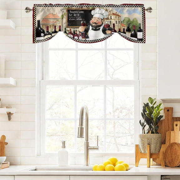 Tie Up Curtain Valances Farmhouse Chef Red Wine,Rod Pocket Shade Valance Adjustable Curtains Rustic Cooking Theme Buffalo Check Window Treatment for Kitchen Bathroom Living Room Windows,42x12in