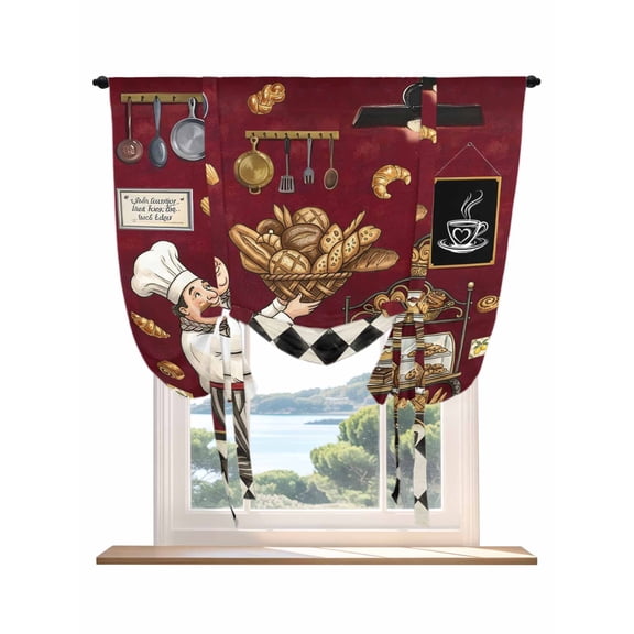 Tie Up Curtain for Windows, Baking Chef Kitchen Art Balloon Rod Pocket Curtains Adjustable Tie-up Shade Valance for Kitchen Bedroom, French Bread Dessert Rack Window Treatment 1 Panel 42x45in