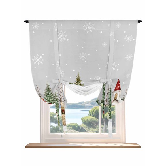 Tie Up Curtain for Windows, Christmas Pine Tree Rustic Barn Balloon Rod Pocket Curtains Adjustable Tie-up Shade Valance for Kitchen Bedroom, Winter Snowflake Snow Theme Window Treatment 36x45in