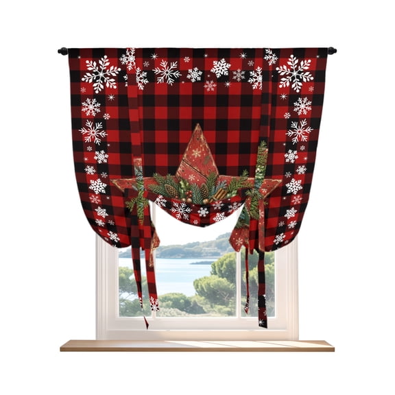 Tie Up Curtain for Windows, Christmas Retro Red Star Check Balloon Rod Pocket Curtains Adjustable Tie-up Shade Valance for Kitchen Bedroom, Winter Snowflake Window Treatment 1 Panel 36x45in