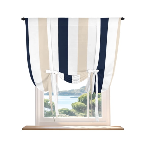 Tie Up Curtain for Windows, Navy Blue Beige Stripes Balloon Rod Pocket Curtains Adjustable Tie-up Shade Valance for Kitchen Bedroom, Modern Watercolor Lines Window Treatment 1 Panel 42x45in