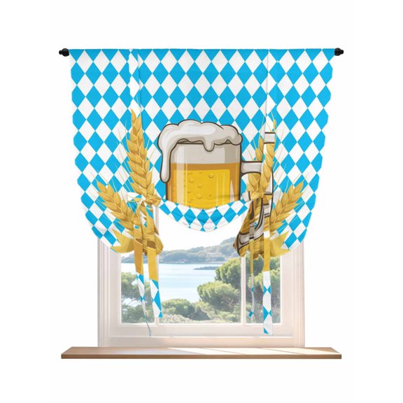 Tie Up Curtain for Windows, Oktoberfest Theme Balloon Rod Pocket Curtains Adjustable Tie-up Shade Valance for Kitchen Bedroom, Farmhouse Wheat Beer Diamond Plaid Window Treatment 1 Panel 36x45in