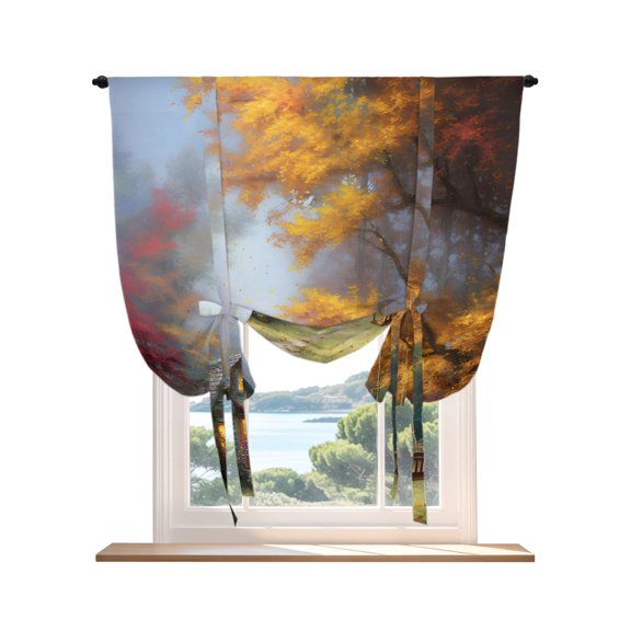 Tie Up Curtain for Windows, Pastoral Autumn Forest Cabin Balloon Rod Pocket Curtains Adjustable Tie-up Shade Valance for Kitchen Bedroom, Fall Maple Leaf Swing Window Treatment 1 Panel 42x45in