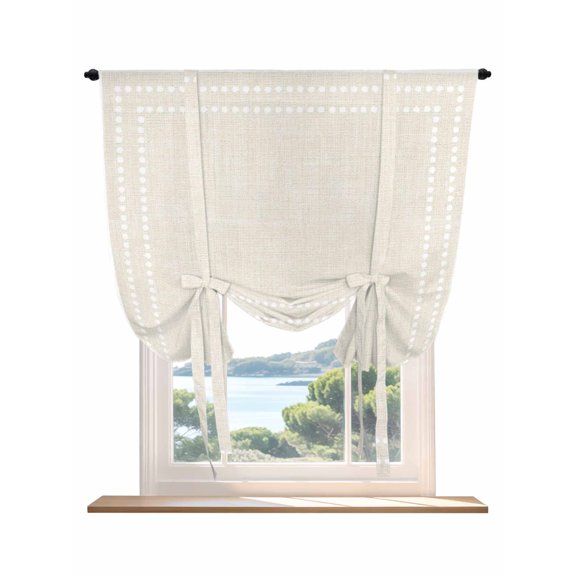 Tie Up Curtain for Windows, White Circle Square Frames Balloon Rod Pocket Curtains Adjustable Tie-up Shade Valance for Kitchen Bedroom, Retro Linen Background Window Treatment 1 Panel 36x45in
