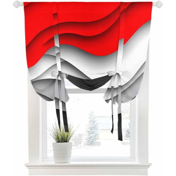 Tie Up Curtains for Windows Abstract Black Grey Red Water Ripple Wave Rod Pocket Tie-Up Window Shade Adjustable Balloon Curtain Valance Modern Gradient Lines for Kitchen Bathroom Blinds, 42x63in