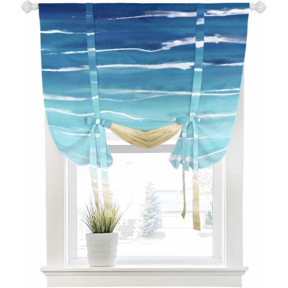 Tie Up Curtains for Windows Abstract Ocean Beach Wave Stripe Rod Pocket Tie-Up Window Shade Adjustable Balloon Curtain Valance Blue-Green-Brown Gradient for Bedroom Kitchen Bathroom Blinds, 42x63in