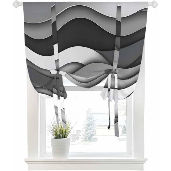 Tie Up Curtains for Windows Abstract Ombre Black Grey Ocean Water Ripple Wave Rod Pocket Tie-Up Window Shade Adjustable Balloon Curtain Valance Gradient Lines for Kitchen Bathroom Blinds, 46x63in