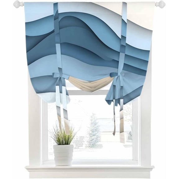 Tie Up Curtains for Windows Abstract Ombre Blue Brown Ocean Water Ripple Wave Rod Pocket Tie-Up Window Shade Adjustable Balloon Curtain Valance Gradient Lines for Kitchen Bathroom Blinds, 42x63in
