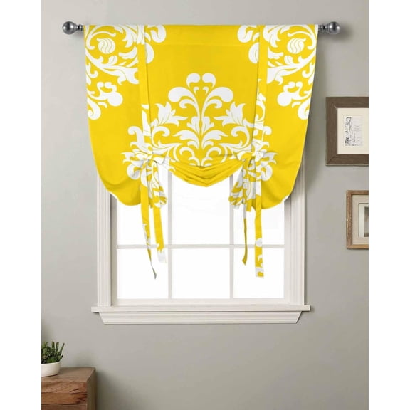 Tie Up Curtains for Windows, Baroque Yellow Kitchen Curtain Adjustable Balloon Window Shades, Vintage Damask Classic Floral Valance Curtains for Living Room/Bedroom/Cafe 42"x63"