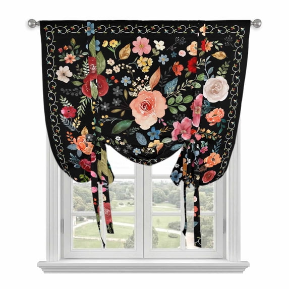 Tie Up Curtains for Windows Black Floral Valance Adjustable Balloon Curtain Farmhouse Vintage Flower Tie Up Shades for Kitchen Living Room Bedroom Privacy Curtain Drape 34x45 Inch