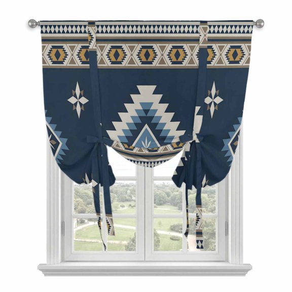 Tie Up Curtains for Windows Blue Tribal Geometric Valance Adjustable Balloon Curtain Vintage Boho Native Abstract Tie Up Shades for Kitchen Living Room Bedroom Privacy Curtain Drape 34x45 Inch