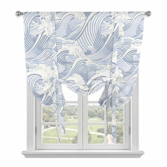 Tie Up Curtains for Windows Blue Waves Valance Adjustable Balloon Curtain Ocean Lines Stripes Tie Up Shades for Kitchen Living Room Bedroom Privacy Curtain Drape 34x45 Inch