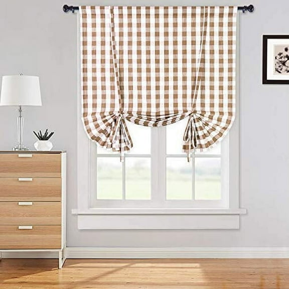 Tie Up Curtains for Windows, Buffalo Check Plaid Gingham Curtains Rod Pocket Adjustable Tie Up Shades for Kitchen Windows Cafe Curtains, Yellow, 42x63 Inches