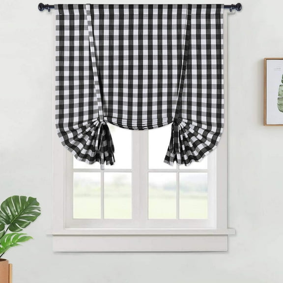 Tie Up Curtains for Windows, Buffalo Check Plaid Gingham Yarn Dyed Adjustable Tie Up Shades for Kitchen Window Curtains Cafe Curtains, 42" x 63", Black/White