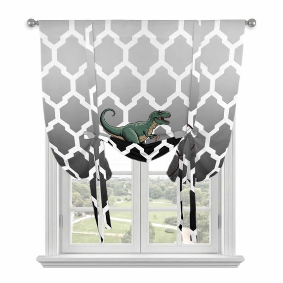Tie Up Curtains for Windows Cartoon Dinosaur Ride Bike Valance Adjustable Balloon Curtain Black Geometric Moroccan Tie Up Shades for Kitchen Living Room Bedroom Privacy Curtain Drape 34x45 Inch
