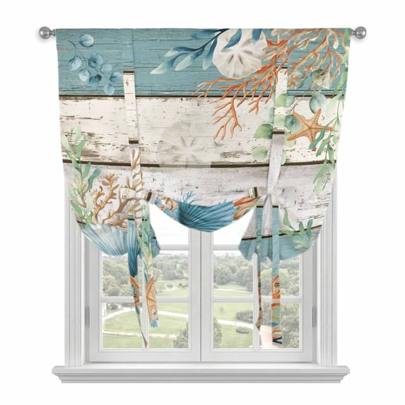 Tie Up Curtains for Windows Coral Seagrass Valance Adjustable Balloon Curtain Eucalyptus Starfish Shell Teal Wood Tie Up Shades for Kitchen Living Room Bedroom Privacy Curtain Drape 34x45 Inch