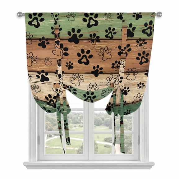 Tie Up Curtains for Windows Dog Paw Print Valance Adjustable Balloon Curtain Retro Green Brown Wood Grain Tie Up Shades for Kitchen Living Room Bedroom Privacy Curtain Drape 34x45 Inch