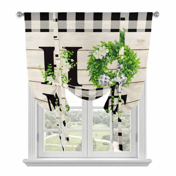 Tie Up Curtains for Windows Eucalyptus Leaf Bow Tie Wreath Valance Adjustable Balloon Curtain Wood Plaid Home Tie Up Shades for Kitchen Living Room Bedroom Privacy Curtain Drape 34x45 Inch