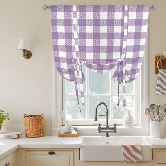 Tie Up Curtains for Windows,Farmhouse Purple White Buffalo Lattice Adjustable Balloon Shade Curtains Rod Pocket Valance Pastoral Gingham Short Window Valances for Kitchen Bathroom,34"Wx45"L