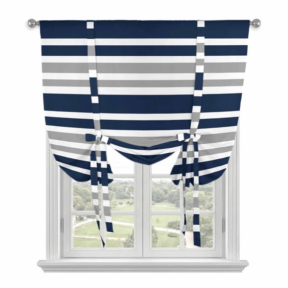 Tie Up Curtains for Windows Gray Striped Valance Adjustable Balloon Curtain Navy Blue Contrast Stripes Tie Up Shades for Kitchen Living Room Bedroom Privacy Curtain Drape 34x45 Inch