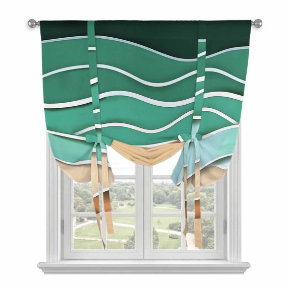 Tie Up Curtains for Windows Green Waves Valance Adjustable Balloon Curtain Abstract Water Lines Tie Up Shades for Kitchen Living Room Bedroom Privacy Curtain Drape 34x45 Inch