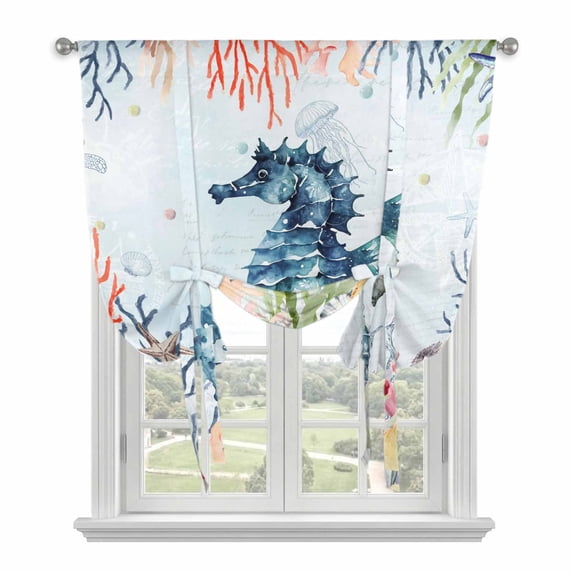 Tie Up Curtains for Windows Hippocampus Valance Adjustable Balloon Curtain Ocean Marine Life Starfish Jellyfish Coral Seaweed Tie Up Shades for Kitchen Living Room Privacy Curtain Drape 34x45 Inch