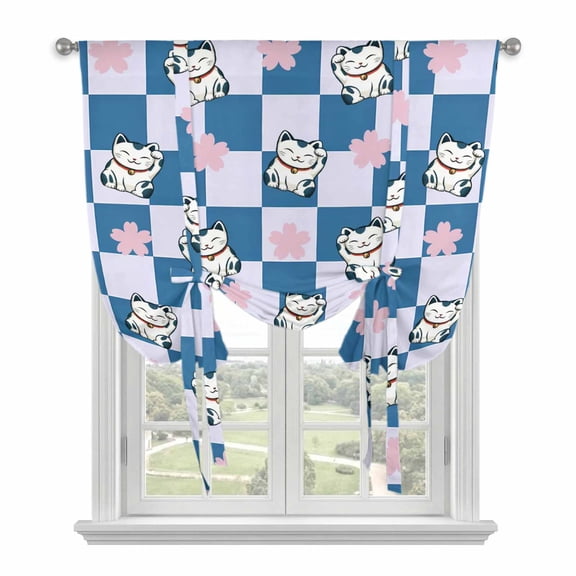 Tie Up Curtains for Windows Lucky Cat Valance Adjustable Balloon Curtain Cherry Blossoms Blue Check Buffalo Plaid Tie Up Shades for Kitchen Living Room Bedroom Privacy Curtain Drape 34x45 Inch
