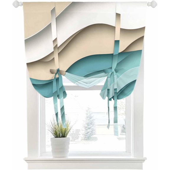 Tie Up Curtains for Windows Modern Teal Brown Sea Water Ripple Wave Rod Pocket Tie-Up Window Shade Adjustable Balloon Curtain Valance Abstract Gradient Lines for Kitchen Bathroom Blinds, 46x63in