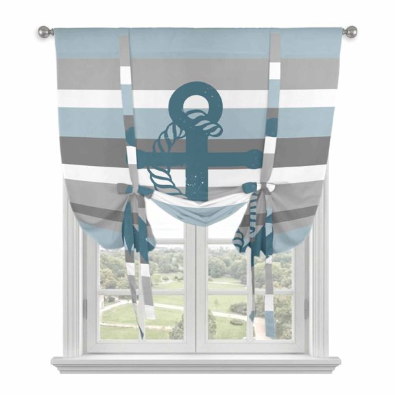 Tie Up Curtains for Windows Nautical Anchor Valance Adjustable Balloon Curtain Haze Blue Grey Stripes Tie Up Shades for Kitchen Living Room Bedroom Privacy Curtain Drape 34x45 Inch