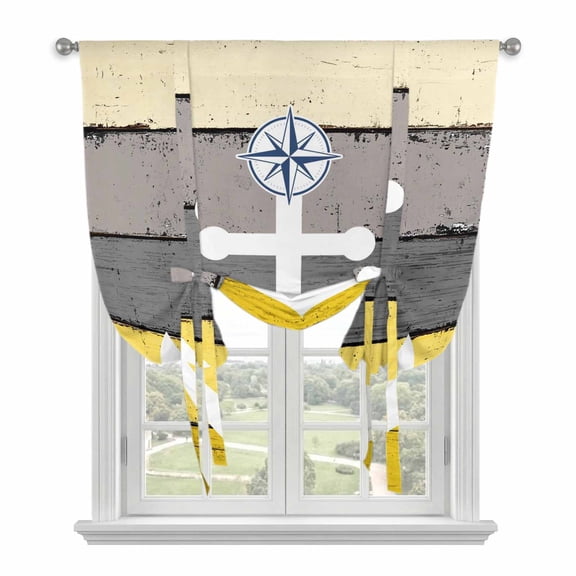 Tie Up Curtains for Windows Nautical Anchor Valance Adjustable Balloon Curtain Vintage Yellow Wood Grain Tie Up Shades for Kitchen Living Room Bedroom Privacy Curtain Drape 34x45 Inch