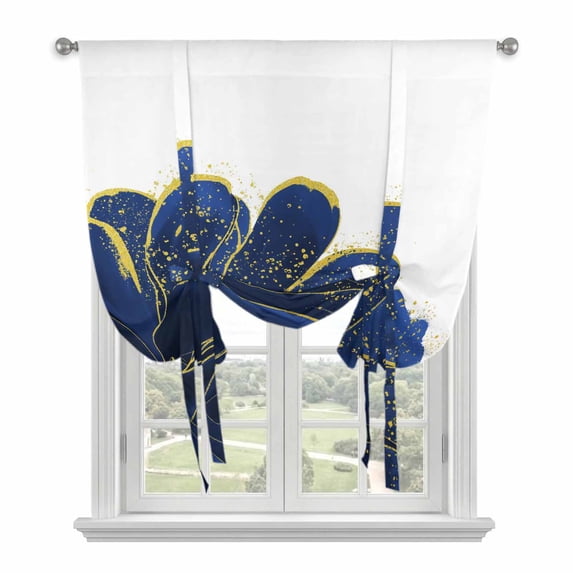 Tie Up Curtains for Windows Navy Blue Watercolor Floral Valance Adjustable Balloon Curtain Golden Lines Tie Up Shades for Kitchen Living Room Bedroom Privacy Curtain Drape 34x45 Inch