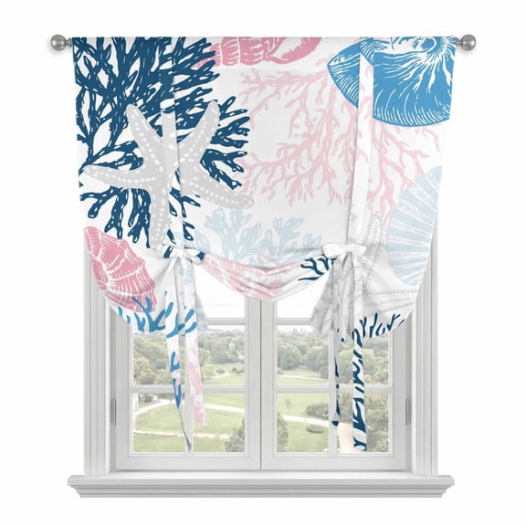 Tie Up Curtains for Windows Ocean Coral Starfish Valance Adjustable Balloon Curtain Blue Pink Coastal Shell Conch Tie Up Shades for Kitchen Living Room Bedroom Privacy Curtain Drape 34x45 Inch