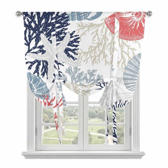 Tie Up Curtains for Windows Ocean Coral Starfish Valance Adjustable Balloon Curtain Navy Blue Coastal Shell Conch Tie Up Shades for Kitchen Living Room Bedroom Privacy Curtain Drape 34x45 Inch