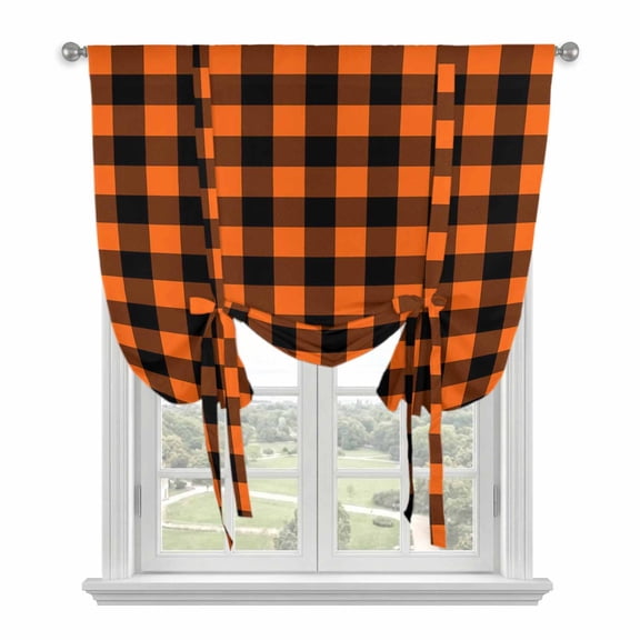 Tie Up Curtains for Windows Orange Black Plaid Valance Adjustable Balloon Curtain Farmhouse Buffalo Check Tie Up Shades for Kitchen Living Room Bedroom Privacy Curtain Drape 34x45 Inch