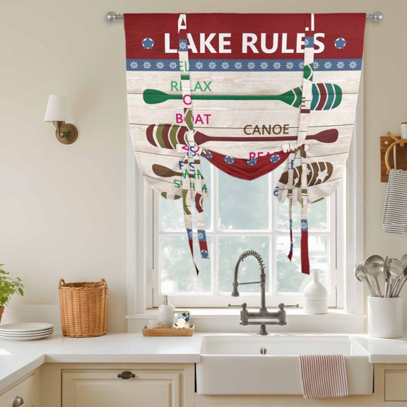 Tie Up Curtains for Windows,Summer Lake Rules Paddle Adjustable Balloon Shade Curtains Rod Pocket Valance Farm Wood Grain Red Maroon Short Window Valances for Kitchen Bathroom,34"Wx45"L