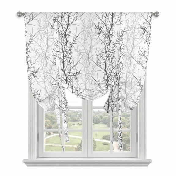 Tie Up Curtains for Windows Tree Branch Valance Adjustable Balloon Curtain Grey Tie Up Shades for Kitchen Living Room Bedroom Privacy Curtain Drape 34x45 Inch