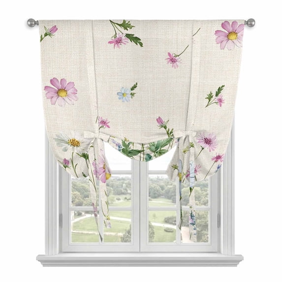 Tie Up Curtains for Windows Wildflowers Valance Adjustable Balloon Curtain Floral Herbs Fields Linen Tie Up Shades for Kitchen Living Room Bedroom Privacy Curtain Drape 34x45 Inch