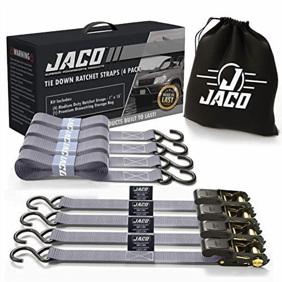 JACO Tie Down Ratchet Straps (4 Pack) - 1 in x 15 ft | AAR Certified Break Strength (1,823 lbs) | Cargo Tie Down Set