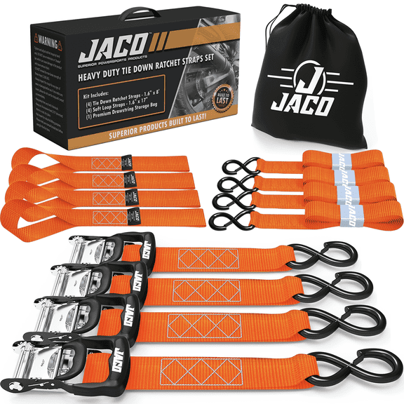 JACO Heavy Duty Ratchet Tie Down Straps with Soft Loops (1.6" x 8 ft) | AAR Certified Break Strength (5,208 lbs)