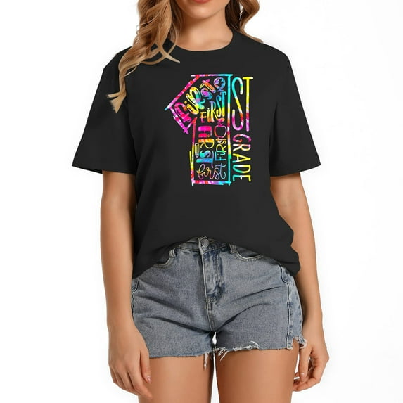 Tie Dye 1st Grade Typography Team 1st Grade Teache Women's Cute Graphic Tee – Short Sleeve Top for Casual Fashion