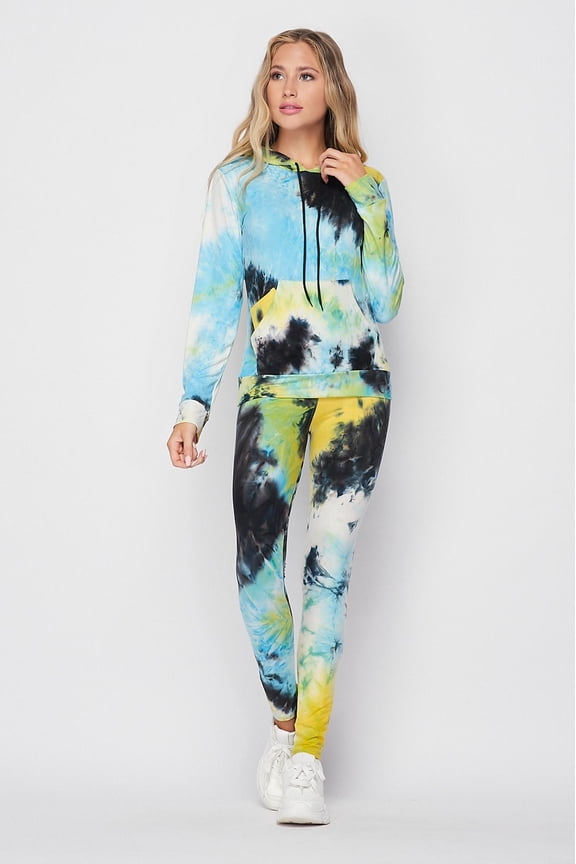 Tie Dye 2 Piece Leggings and Hooded Jacket Set Blue S/M