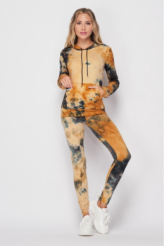 Tie Dye 2 Piece Leggings and Hooded Jacket Set Camel L/XL