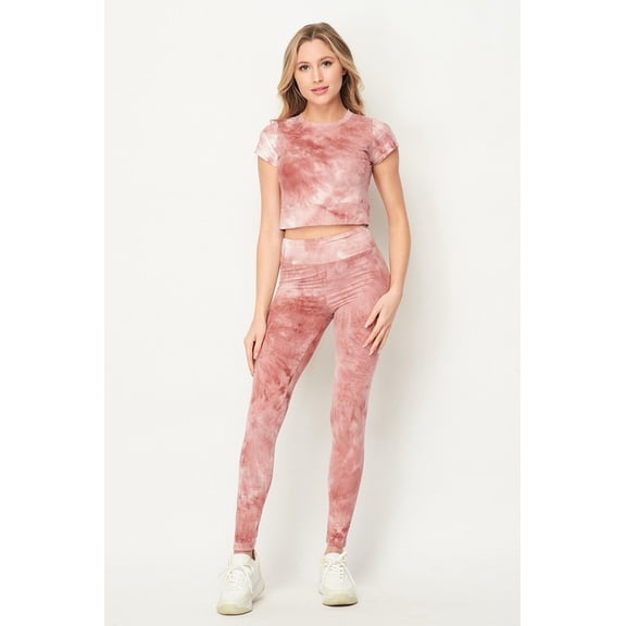 Tie Dye 2 Piece Leggings and Short Sleeve Crop Top Set Mauve L/XL