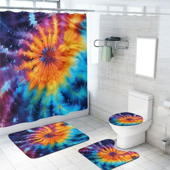 Tie Dye 4 Pcs Shower Curtain Set Boho Rainbow Colorful with 12 Hooks, Bath Mat Set Bathroom Decor by Durable Waterproof Fabric, 72x72 Inch